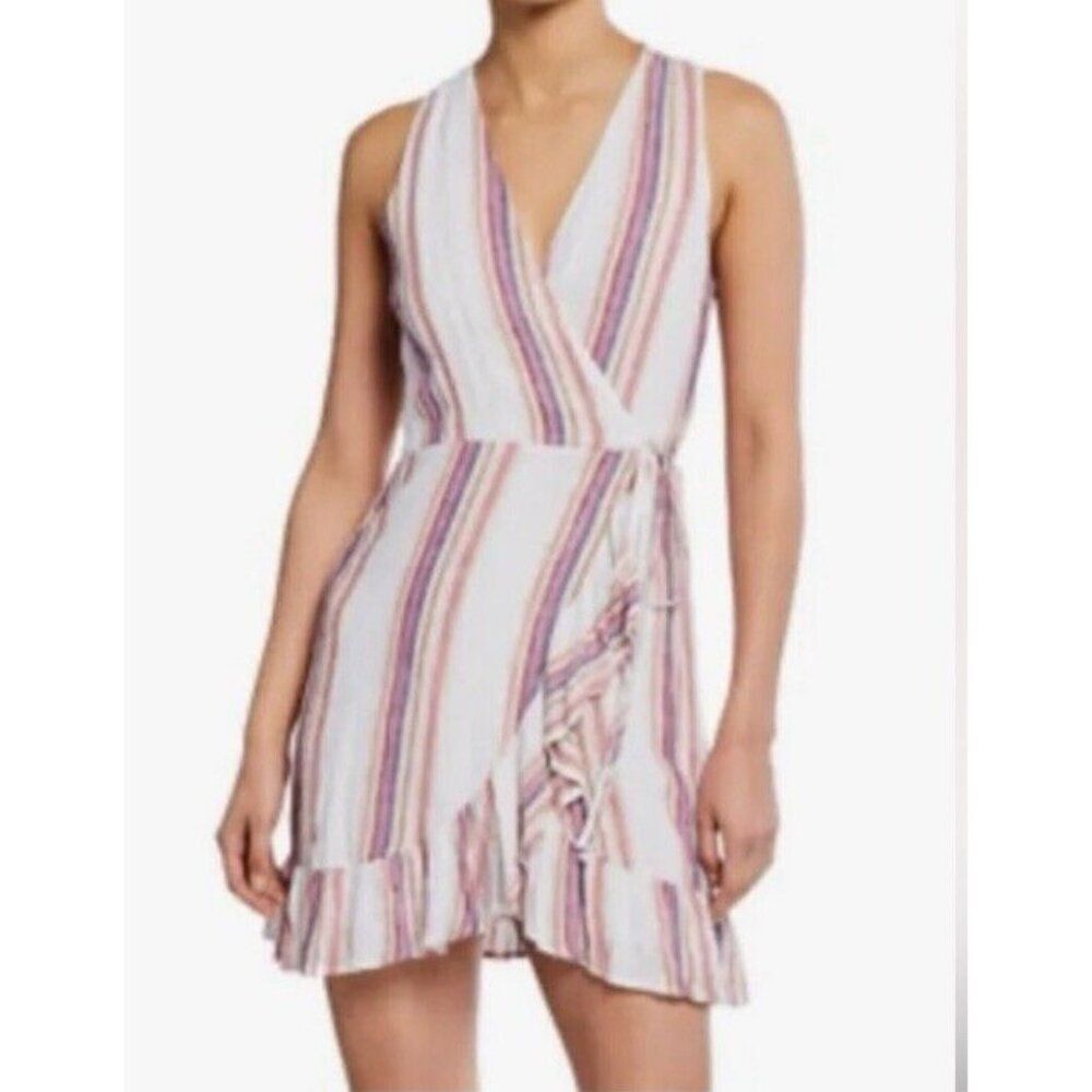 RAILS Madison Jewel Stripe Wrap MINI Dress Medium Linen RUFFLE Metallic